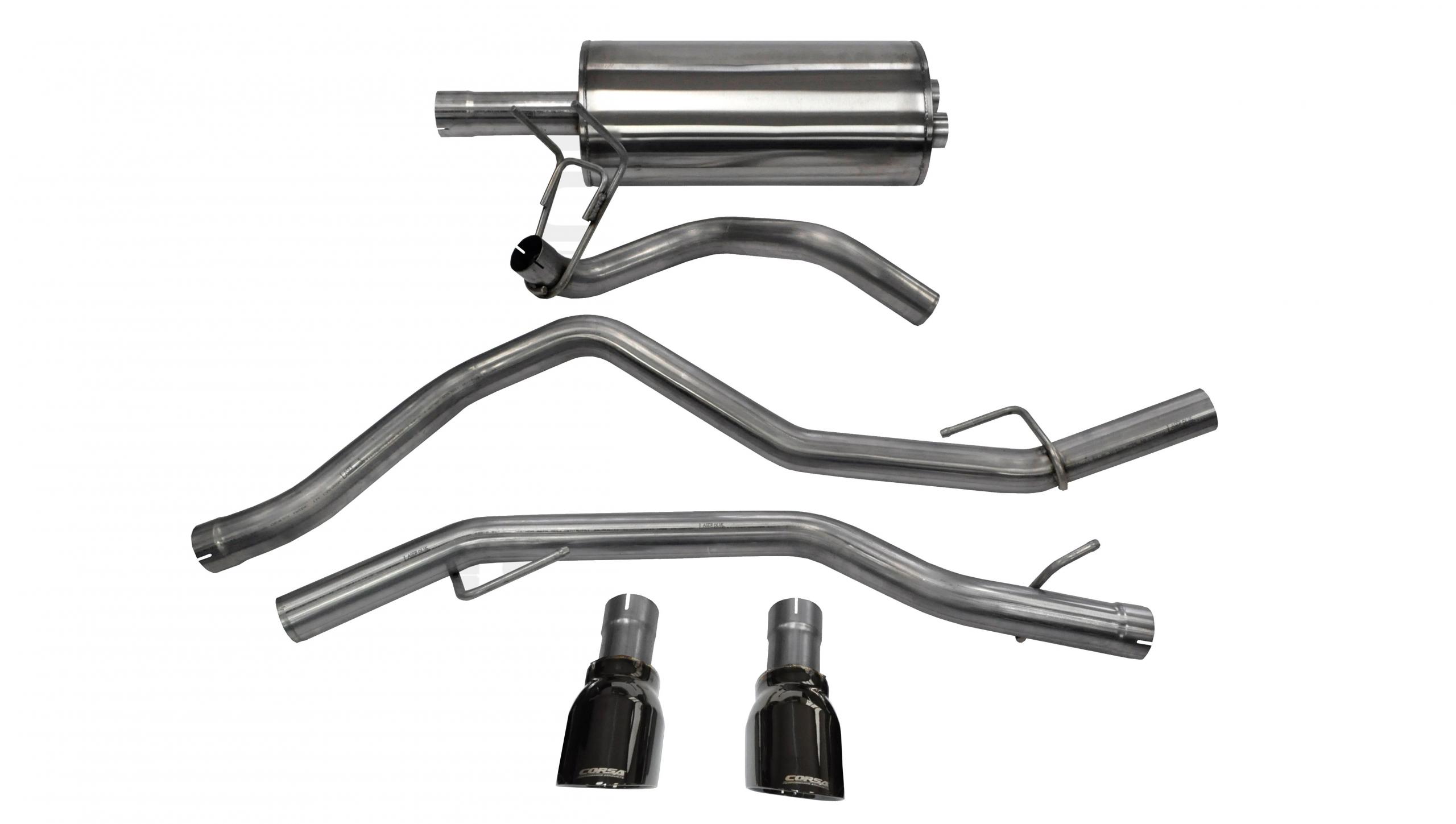 14405BLK 3.0 Inch Cat-Back Sport Dual Rear Exhaust 4.5 Inch Black Tips 09-18 Dodge Ram/Rebel 4.7L/5.7L V8 140.5 Inch Wheelbase Stainless Steel Corsa Performance